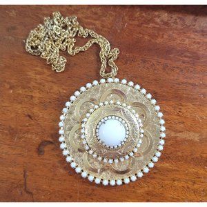 LARGE MEDALLION AND MILK GLASS BEAD NECKLACE VINTAGE